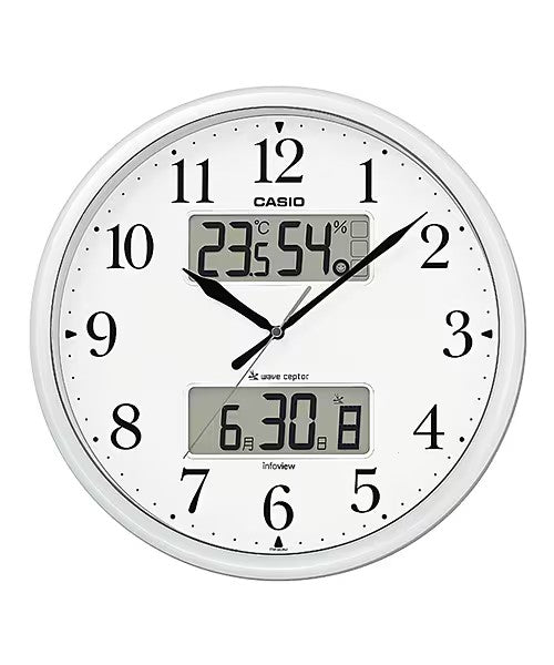 カシオ電波時計多機能アナログ掛け時計液晶画面付き温湿度計カレンダー機能シンプルパールシルバー